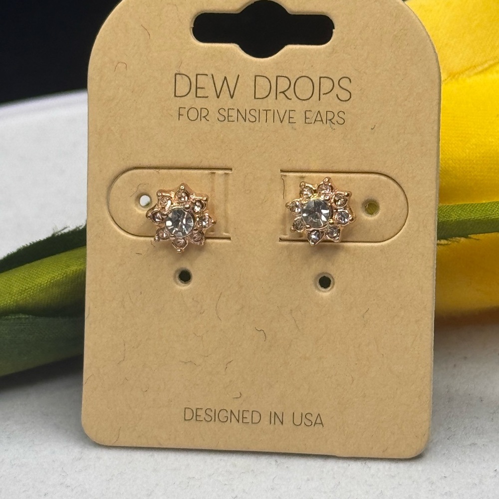 Dew Drops Gold Tone Crystal Flower Post Earrings, .3”